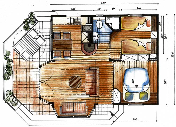 Plan funkcjonalny mieszkania - przykład układu desek podłogowych